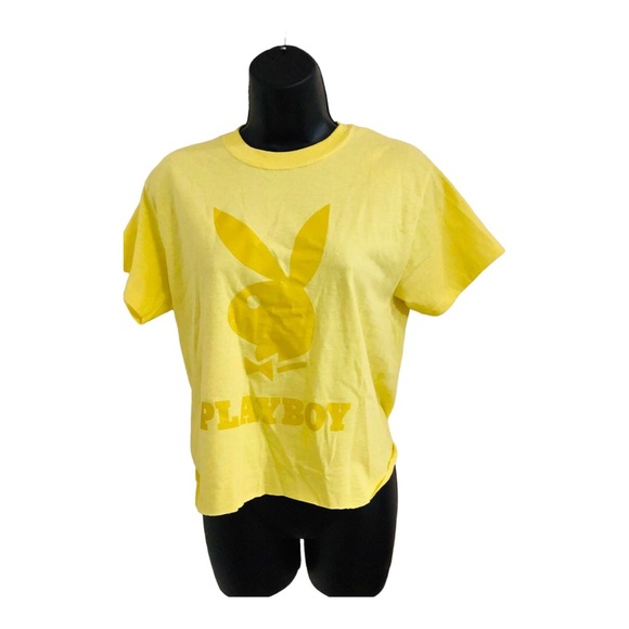 playboy‎ yellow slightly crop raglan hem iconic playboy logo t-shirt size small - Picture 8 of 11